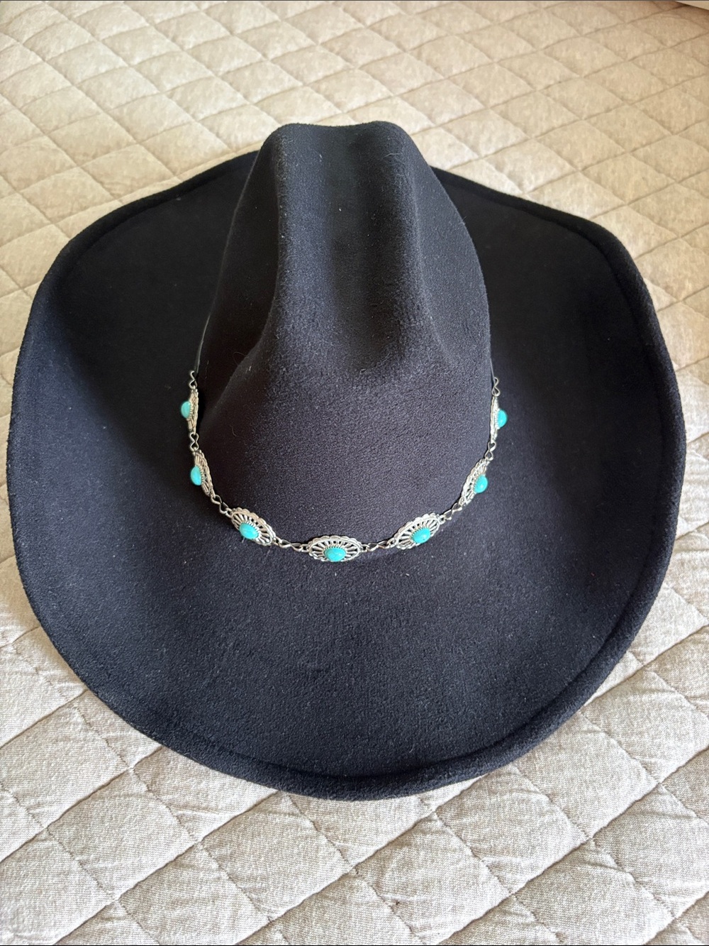 Frye Black Western Felt Hat with Turquoise Accents